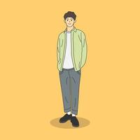 Cartoon illustration of male character standing wearing casual clothes vector