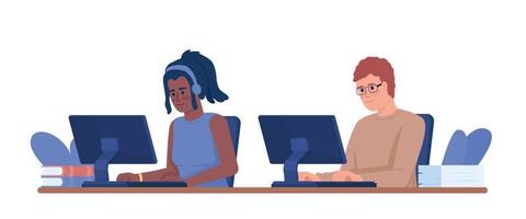 jóvenes colegas que utilizan espacios de coworking caracteres vectoriales de color semiplano. figuras editables. personas de cuerpo completo en blanco. ilustración de estilo de dibujos animados simple para diseño gráfico web y animación vector