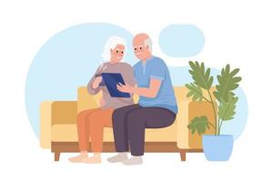 Elderly people learning how to use tablet 2D vector isolated illustration. Old couple browsing online flat characters on cartoon background. Colorful editable scene for mobile, website, presentation