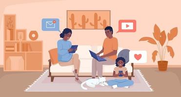 tecnología que afecta el tiempo familiar ilustración de vector de color plano. familiares sentados juntos en un sofá con aparatos. personajes de dibujos animados simples en 2d totalmente editables con interior de sala de estar en el fondo