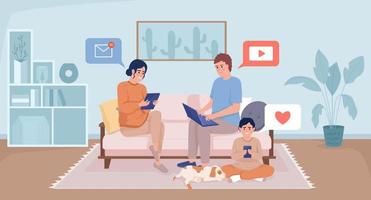 Technology use affecting family closeness flat color vector illustration. Parents and male child with devices. Fully editable 2D simple cartoon characters with living room interior on background