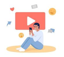 Smiling teenage boy watching funny videos on internet 2D vector isolated illustration. Guy with phone flat character on cartoon background. Colorful editable scene for mobile, website, presentation