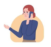 Receiving bad news over mobile phone 2D vector isolated illustration. Upset woman crying on smartphone flat character on cartoon background. Colorful editable scene for mobile, website, presentation