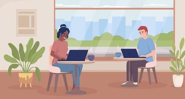 Coworking in coffee shop flat color vector illustration. Remote workers typing on laptops. Self employed freelancers. Fully editable 2D simple cartoon characters with cafe interior on background