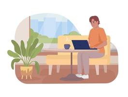 Working remotely from coffee shop 2D vector isolated illustration. Man with drink typing on laptop flat character on cartoon background. Colorful editable scene for mobile, website, presentation