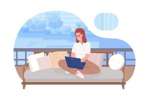 Comfortable freelancing 2D vector isolated illustration. Crossed legs woman on couch flat character on cartoon background. Alternative office. Colorful editable scene for mobile, website, presentation