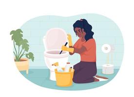 Bathroom cleaning chore 2D vector isolated illustration. Woman scraping toilet with brush and detergents flat character on cartoon background. Colorful editable scene for mobile, website, presentation