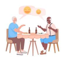 Older friends laughing together and having dinner semi flat color vector characters. Editable figures. Full body people on white. Simple cartoon style illustration for web graphic design and animation