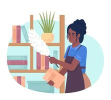 Housekeeper cleaning dust off wood shelves 2D vector isolated illustration. Female housemaid flat character on cartoon background. Colorful editable scene for mobile, website, presentation