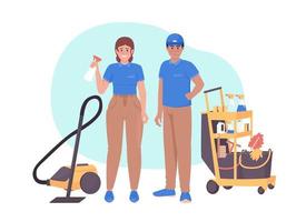 Professional janitors with cleaning equipment 2D vector isolated illustration. Housekeepers flat characters on cartoon background. Colorful editable scene for mobile, website, presentation