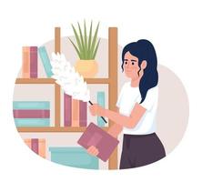 Cleaning dust from bookshelves and books 2D vector isolated illustration. Girl doing household chore flat character on cartoon background. Colorful editable scene for mobile, website, presentation