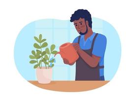 ama de llaves cuidando de las plantas de interior 2d vector ilustración aislada. hombre regando plantas regularmente carácter plano sobre fondo de dibujos animados. colorida escena editable para móvil, sitio web, presentación