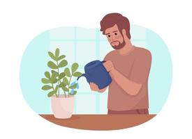 Keeping indoor house plants healthy 2D vector isolated illustration. Man watering houseplants flat character on cartoon background. Colorful editable scene for mobile, website, presentation