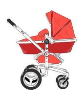 Vector engraved style illustration for posters, decoration and print. Hand drawn sketch of baby carriage in red isolated on white background. Detailed vintage etching style drawing.