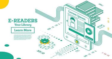 E Book Reader. Isometric Online Education Concept. Modern Library Concept with Electronic Archive of Books. vector