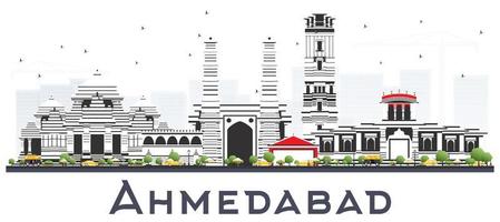 Ahmedabad India City Skyline with Color Buildings Isolated on White. vector