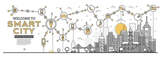 delinear el panorama del horizonte de la ciudad inteligente. iconos de redes e internet de las cosas. vector