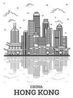 Outline Hong Kong China City Skyline with Modern Buildings and Reflections Isolated on White. vector