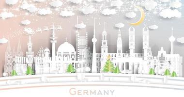 horizonte de la ciudad de alemania en estilo de corte de papel con copos de nieve, luna y guirnalda de neón. vector