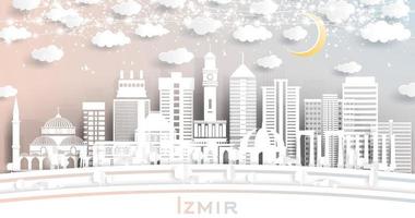 Izmir Turkey City Skyline in Paper Cut Style with White Buildings, Moon and Neon Garland. vector