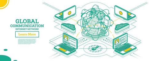 red de comunicación global isométrica con el planeta tierra. el intercambio de datos. vector