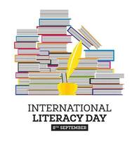 cartel del día internacional de la alfabetización con pila de libros y pluma. concepto de educación vector