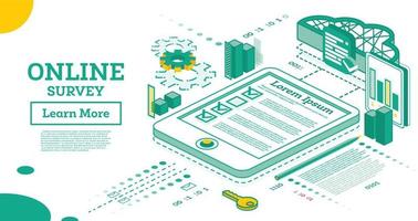 Online Survey. Outline Isometric Concept. Marks in Checklist on Screen of Tablet PC. vector