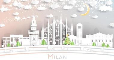 horizonte de la ciudad de milán italia en estilo de corte de papel con copos de nieve, luna y guirnalda de neón. vector