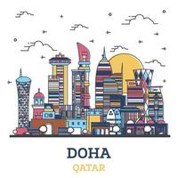 Outline Doha Qatar City Skyline with Colored Modern Buildings Isolated on White. vector