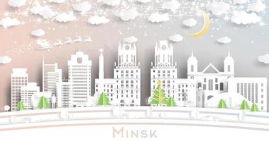 horizonte de la ciudad de minsk, bielorrusia en estilo de corte de papel con copos de nieve, luna y guirnalda de neón. vector