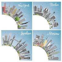 London, Berlin, Moscow and New York City Skyline with Gray Skyscrapers, Blue Sky and Copy Space. vector