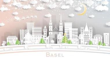 Basel Switzerland City Skyline in Paper Cut Style with Snowflakes, Moon and Neon Garland. vector