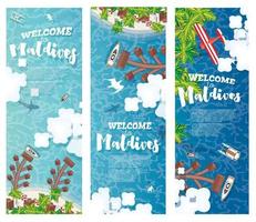 Maldives Beach on Island. Vertical Banners Set. vector