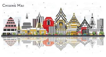 horizonte de la ciudad de chiang mai tailandia con edificios de color y reflejos aislados en blanco. vector