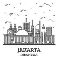 delinear el horizonte de la ciudad de Yakarta, Indonesia, con edificios modernos aislados en blanco. vector