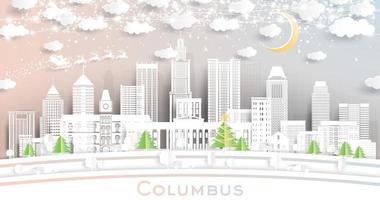 el horizonte de la ciudad de columbus ohio en estilo de corte de papel con copos de nieve, luna y guirnalda de neón. vector