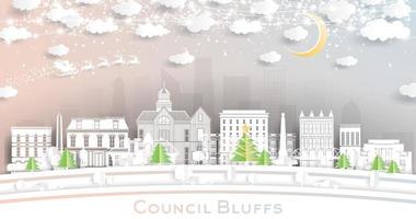 Council Bluffs el horizonte de la ciudad de iowa en estilo de corte de papel con copos de nieve, luna y guirnaldas de neón. vector