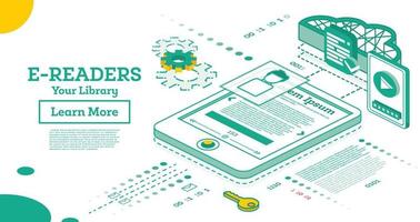 E Book Reader. Isometric Online Education Concept. Modern Library Concept with Electronic Archive of Books. vector