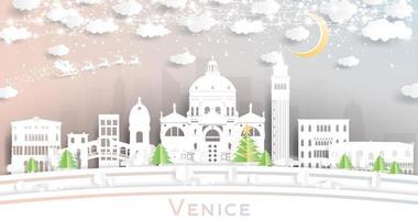 Venice Italy City Skyline in Paper Cut Style with Snowflakes, Moon and Neon Garland.