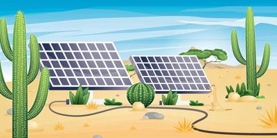 Solar Energy Concept with Deserted Landscape. Two Solar Panels and Plants. Renewable Alternative Ecological Technology. vector