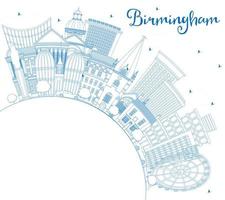 Outline Birmingham UK City Skyline with Blue Buildings and Copy Space. vector