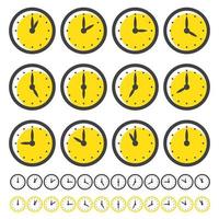 Set of Clocks Icons for Every Hour Isolated on White. Clocks with Yellow Circle. vector