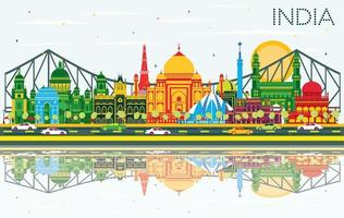 India City Skyline with Color Buildings, Blue Sky and Reflections. vector