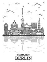 Outline Berlin Germany City Skyline with Historical Buildings and Reflections Isolated on White. vector