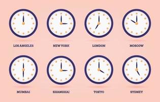 Set of 3D Clock for Different Time Zones and Cities. vector