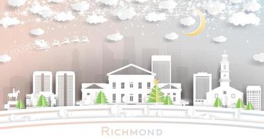 horizonte de la ciudad de richmond virginia en estilo de corte de papel con copos de nieve, luna y guirnalda de neón. vector