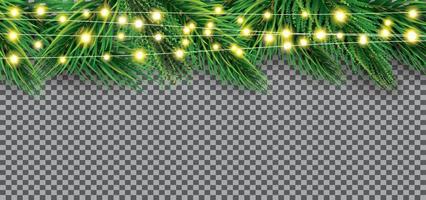 borde de navidad con rama de abeto con luces de neón sobre fondo transparente. ramitas de pino en la parte superior.