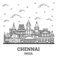 delinear el horizonte de la ciudad de chennai india con edificios históricos aislados en blanco. vector