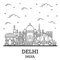 delinear el horizonte de la ciudad de delhi india con edificios históricos aislados en blanco. vector