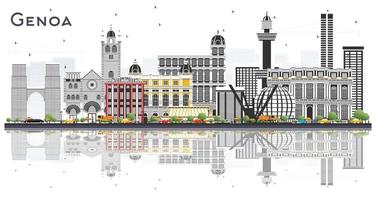 Genoa Italy City Skyline with Color Buildings and Reflections Isolated on White. vector